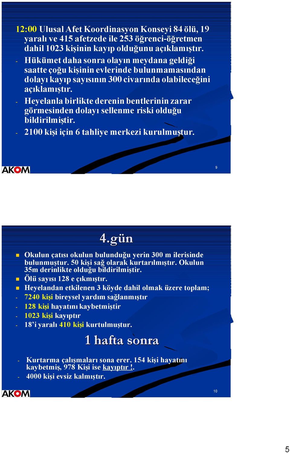 - Heyelala birlikte derei betlerii zarar görmeside dolayı selleme riski olduğu bildirilmiştir. - 2100 kişi içi 6 tahliye merkezi kurulmuştur. 9 4.