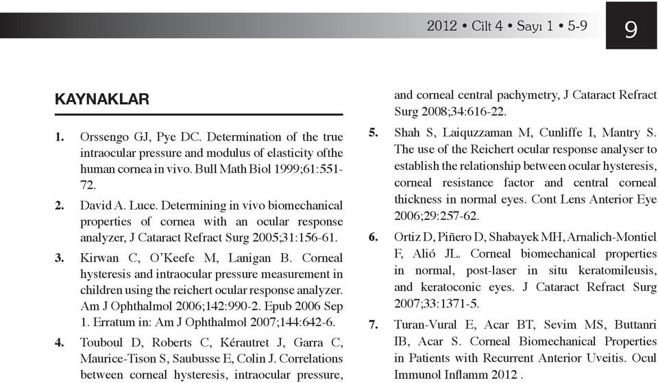 Determining in vivo biomechanical properties of cornea with an ocular response analyzer, J Cataract Refract Surg 2005;31:156-61. 3. Kirwan C, O Keefe M, Lanigan B.