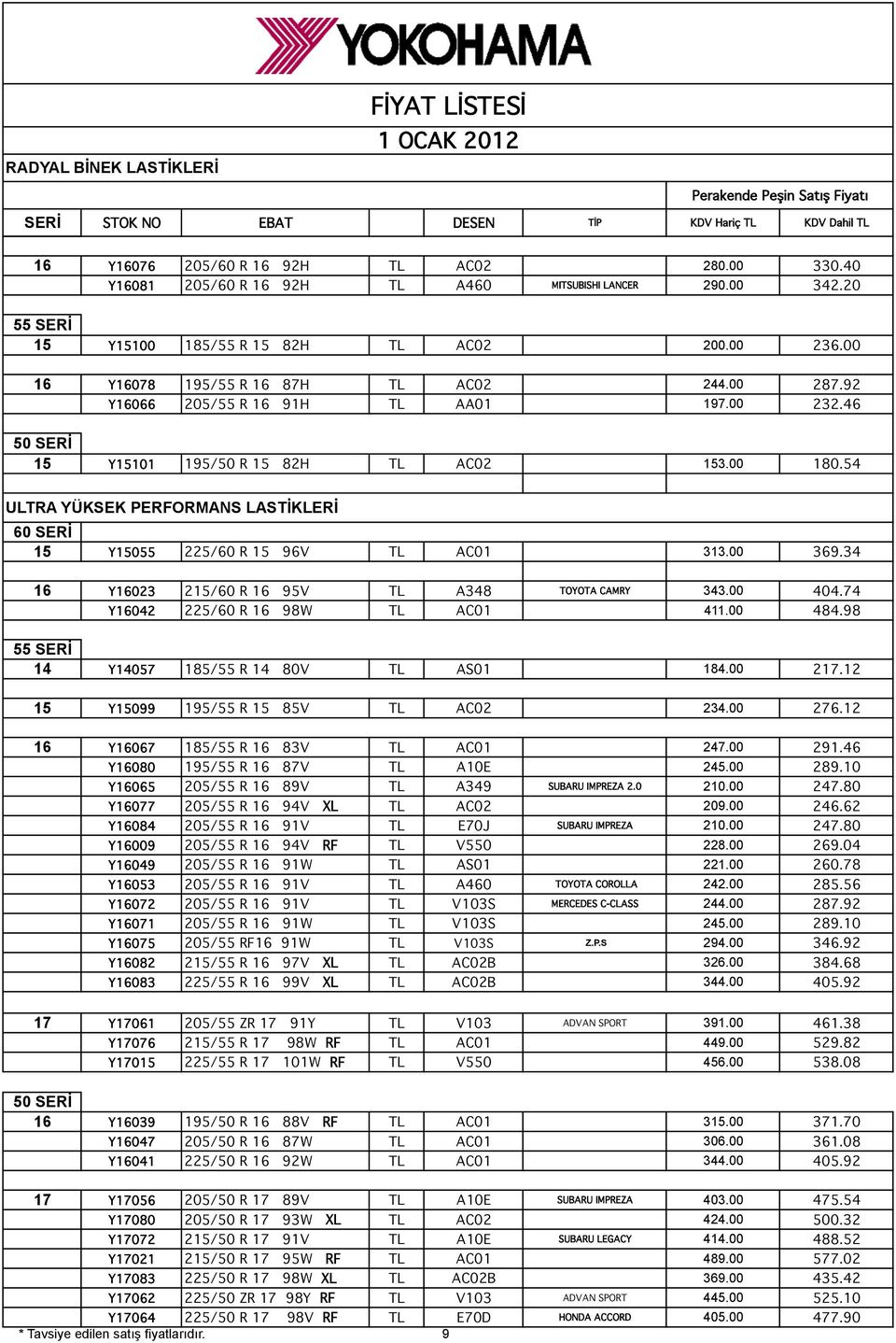 54 ULTRA YÜKSEK PERFORMANS LASTİKLERİ 60 SERİ 15 Y15055 225/60 R 15 96V TL AC01 313.00 369.34 16 Y16023 215/60 R 16 95V TL A348 TOYOTA CAMRY 343.00 404.74 Y16042 225/60 R 16 98W TL AC01 411.00 484.