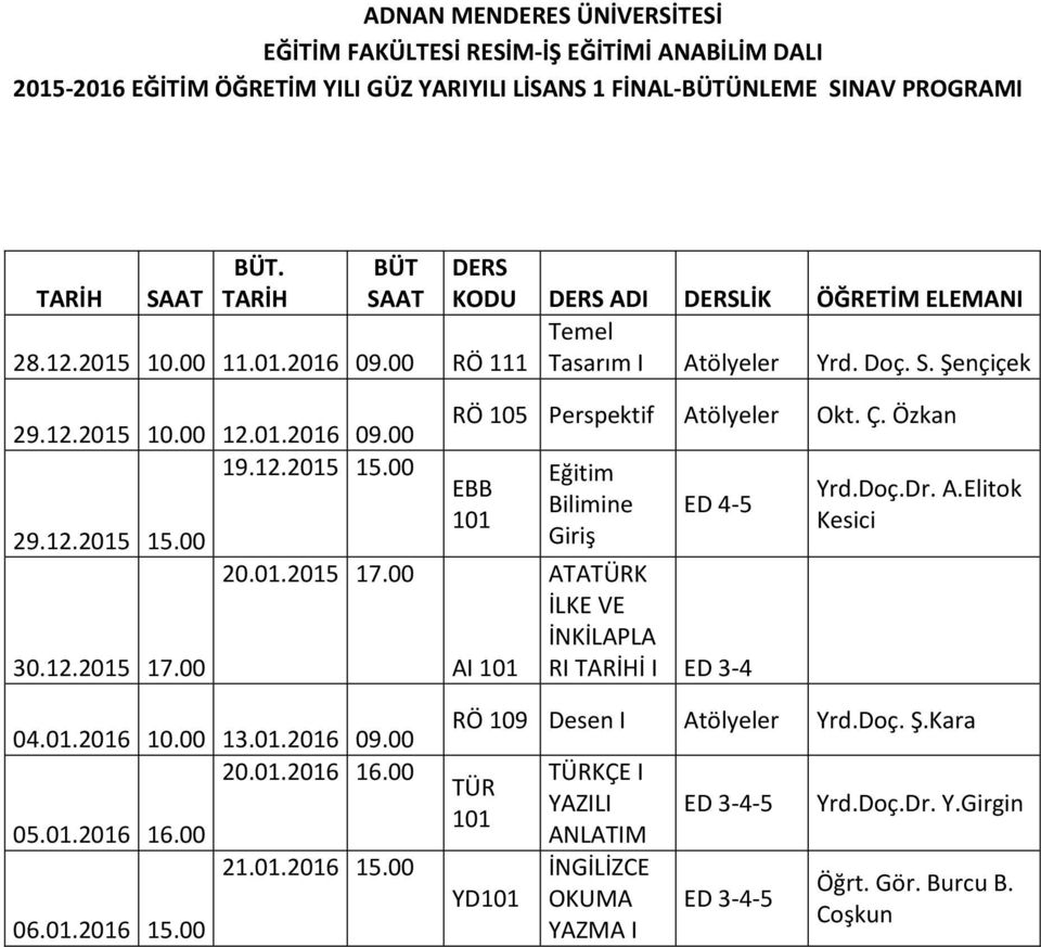 00 05.01.2016 16.00 21.01.2016 15.00 06.01.2016 15.00 105 Perspektif Okt. Ç. Özkan 101 AI 101 Eğitim Bilimine Giriş ED 4-5 ATATÜRK İLKE VE İNKİLAPLA RI I ED 3-4 Yrd.Doç.Dr. A.Elitok Kesici 109 Desen I Yrd.