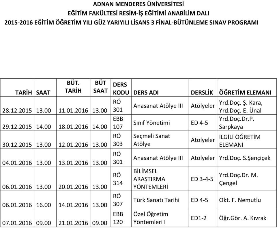 00 21.01.2016 09.00 KODU ADI LİK Anasanat Atölye III Yrd.Doç. Ş. Kara, 301 Yrd.Doç. E.