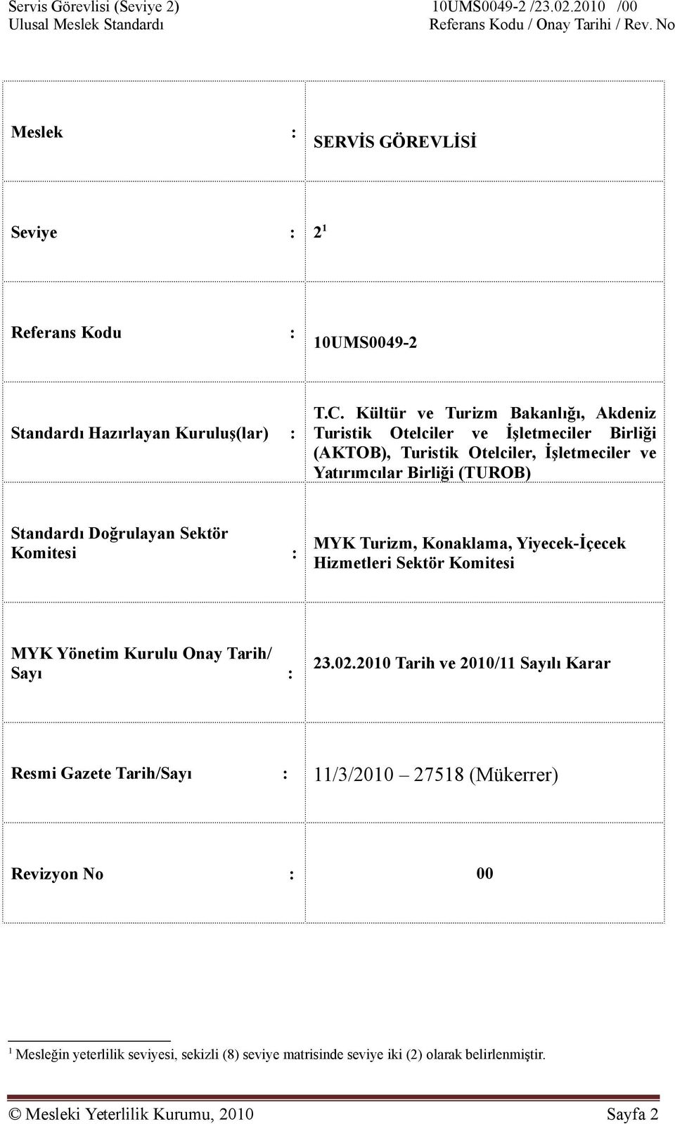 Doğrulayan Sektör Komitesi : MYK Turizm, Konaklama, Yiyecek-İçecek Hizmetleri Sektör Komitesi MYK Yönetim Kurulu Onay Tarih/ Sayı : 23.02.