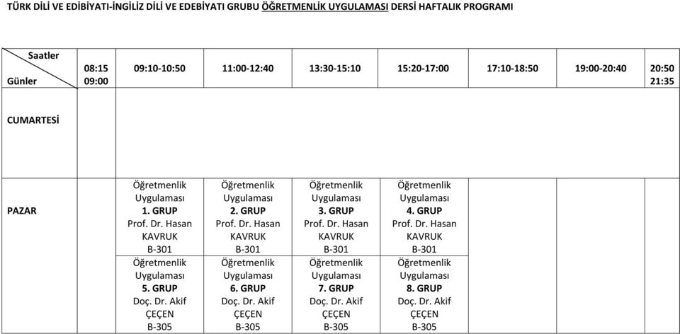 GRUP Doç. Dr. Akif ÇEÇEN B-305 Prof. Dr. Hasan KAVRUK B-301 7. GRUP Doç. Dr. Akif ÇEÇEN B-305 4.