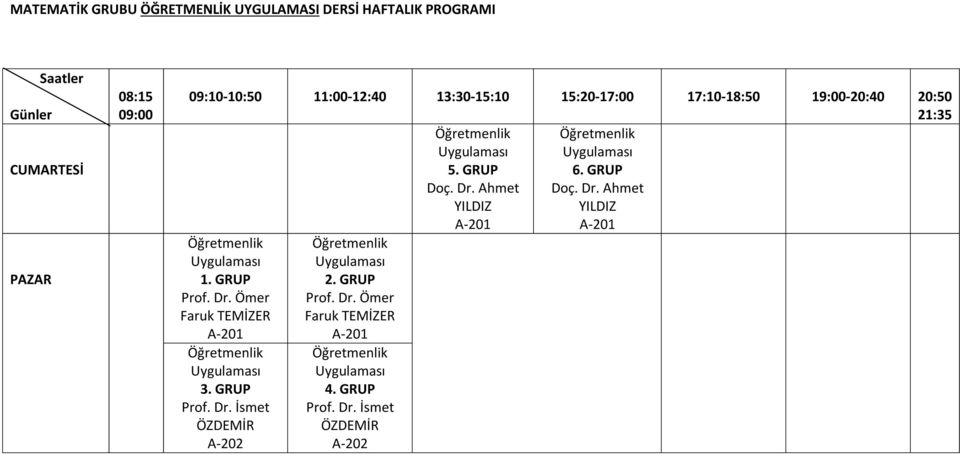 Dr. Ömer Faruk TEMİZER A-201 Prof. Dr. İsmet ÖZDEMİR A-202 Prof. Dr. Ömer Faruk TEMİZER A-201 4.