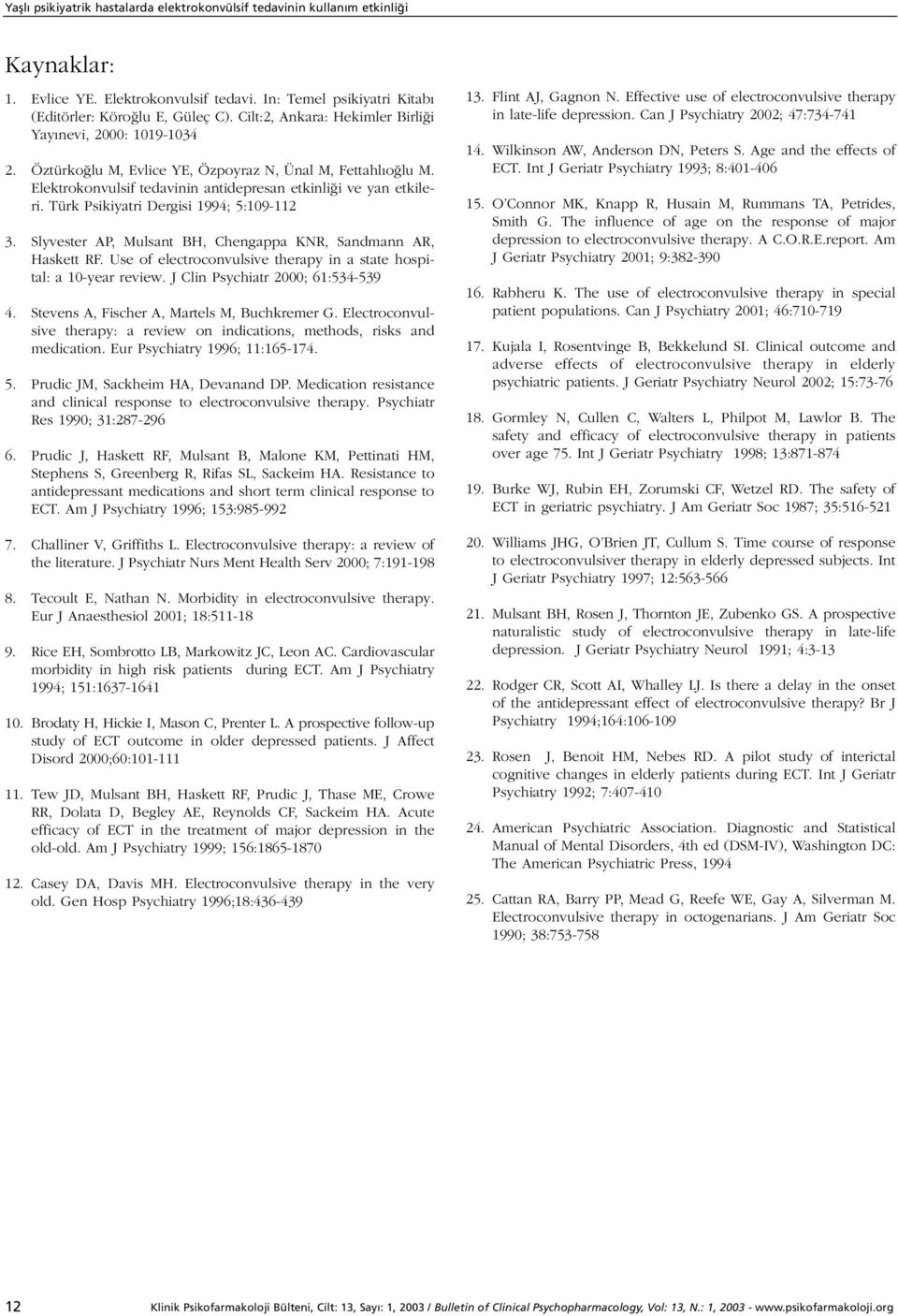 Türk Psikiyatri Dergisi 1994; 5:109-112 3. Slyvester AP, Mulsant BH, Chengappa KNR, Sandmann AR, Haskett RF. Use of electroconvulsive therapy in a state hospital: a 10-year review.