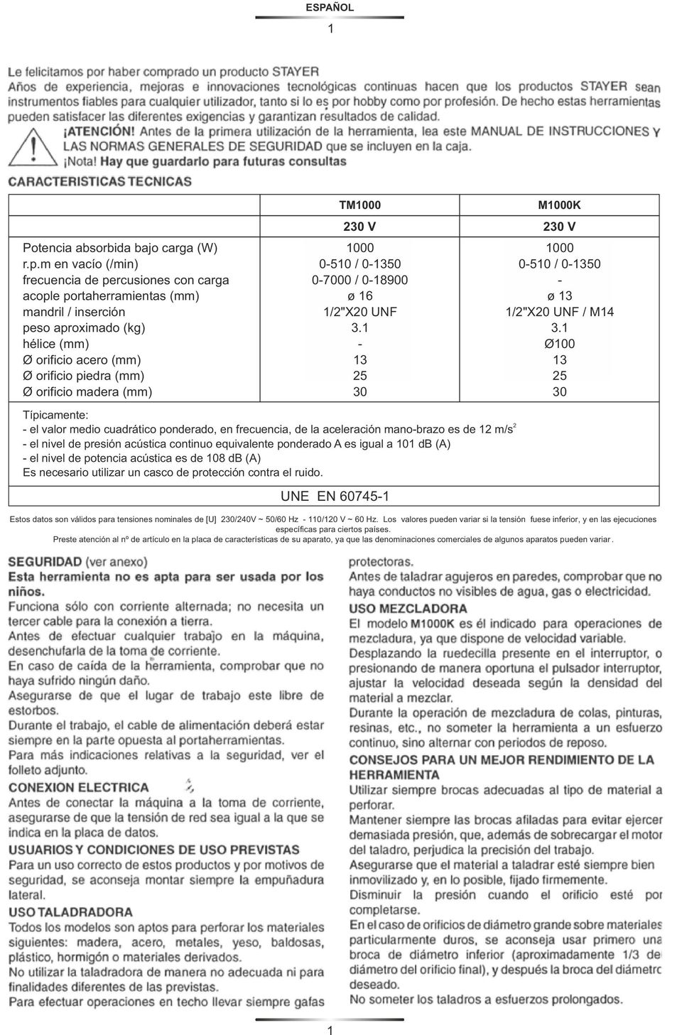 (mm) TM 2 V 2 V 0510 / 050 07000 / 018900 ø 16 MK 0510 / 050 ø / M14 Ø100 Típicamente: el valor medio cuadrático ponderado, en frecuencia, de la aceleración manobrazo es de 12 m/s el nivel de presión