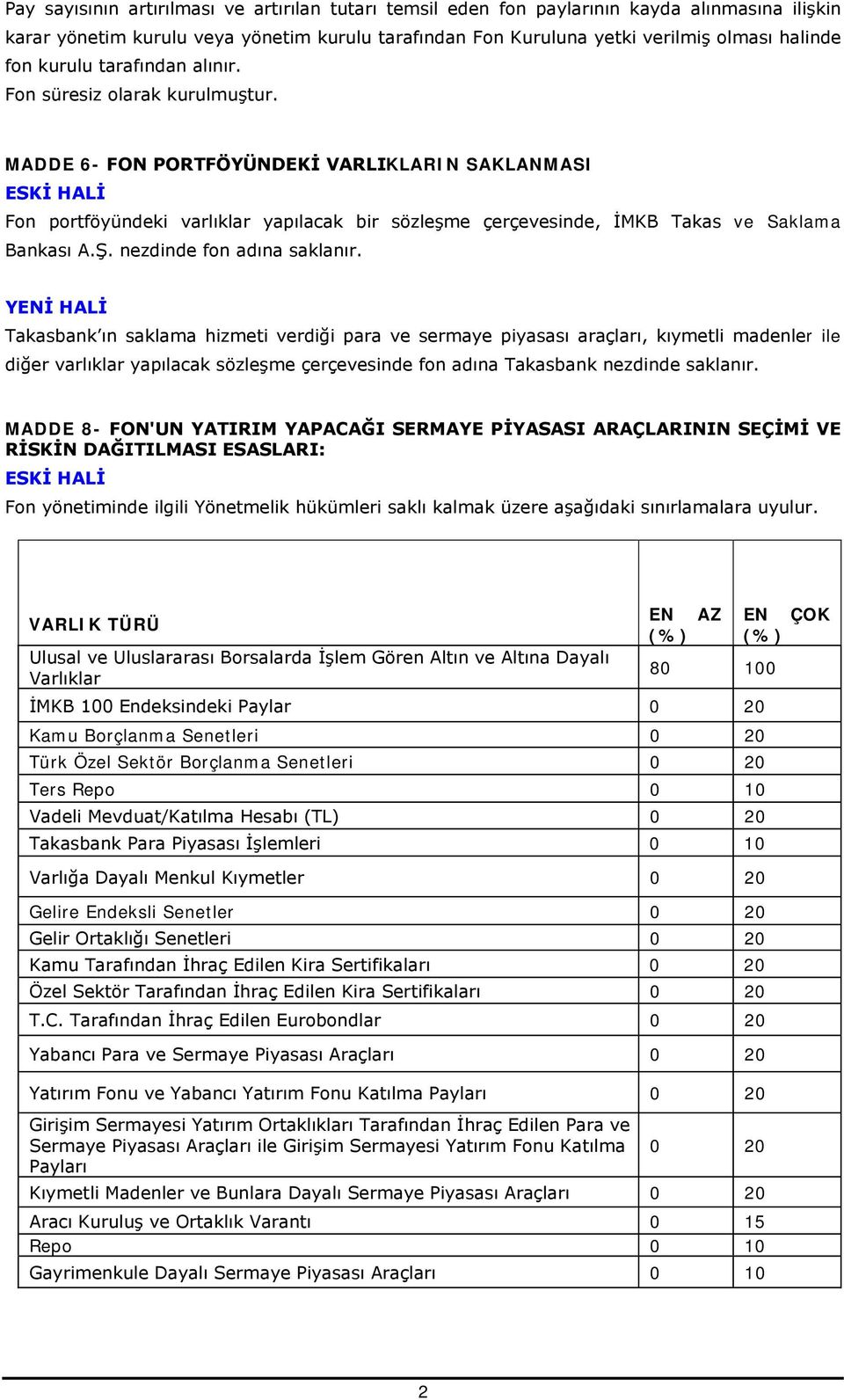 MADDE 6- FON PORTFÖYÜNDEKİ VARLIKLARIN SAKLANMASI Fon portföyündeki varlıklar yapılacak bir sözleşme çerçevesinde, İMKB Takas ve Saklama Bankası A.Ş. nezdinde fon adına saklanır.