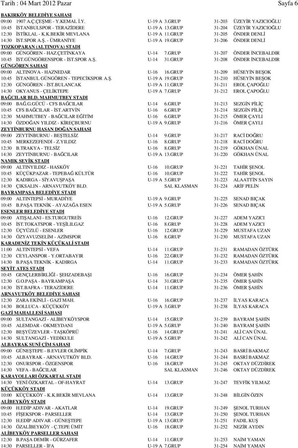 GRUP 31-206 ÖNDER DENLİ TOZKOPARAN (ALTINOVA) STADI 09:00 GÜNGÖREN - HAZ.ÇETİNKAYA U-14 7.GRUP 31-207 ÖNDER İNCEBALDIR 10:45 İST.GÜNGÖRENSPOR - İST.SPOR A.Ş. U-14 31.