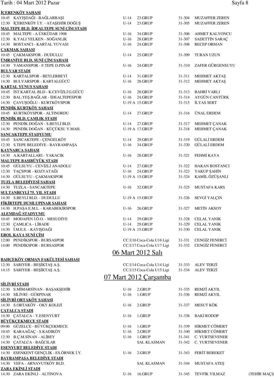 GRUP 31-307 SADETTİN SARAÇ 14:30 BOSTANCI - KARTAL YUVASI U-16 24.GRUP 31-308 RECEP ORMAN ÇAKMAK SAHASI 10:45 ÇAKMAKSPOR - DUDULLU U-14 25.GRUP 31-309 TURAN UZUN ÜMRANİYE BLD.