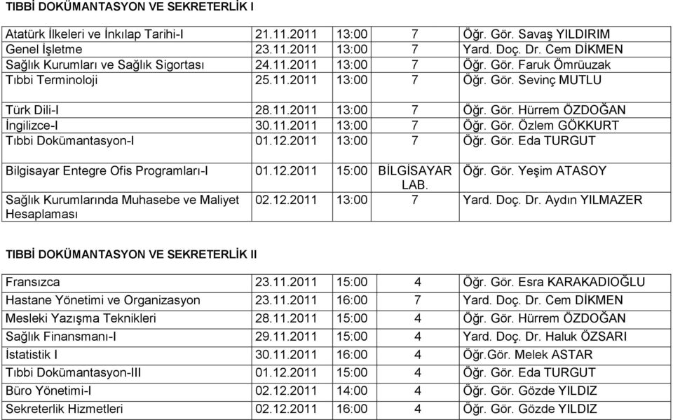 11.2011 13:00 7 Öğr. Gör. Özlem GÖKKURT Tıbbi Dokümantasyon-I 01.12.2011 13:00 7 Öğr. Gör. Eda TURGUT Bilgisayar Entegre Ofis Programları-I 01.12.2011 15:00 BİLGİSAYAR Öğr. Gör. Yeşim ATASOY LAB.