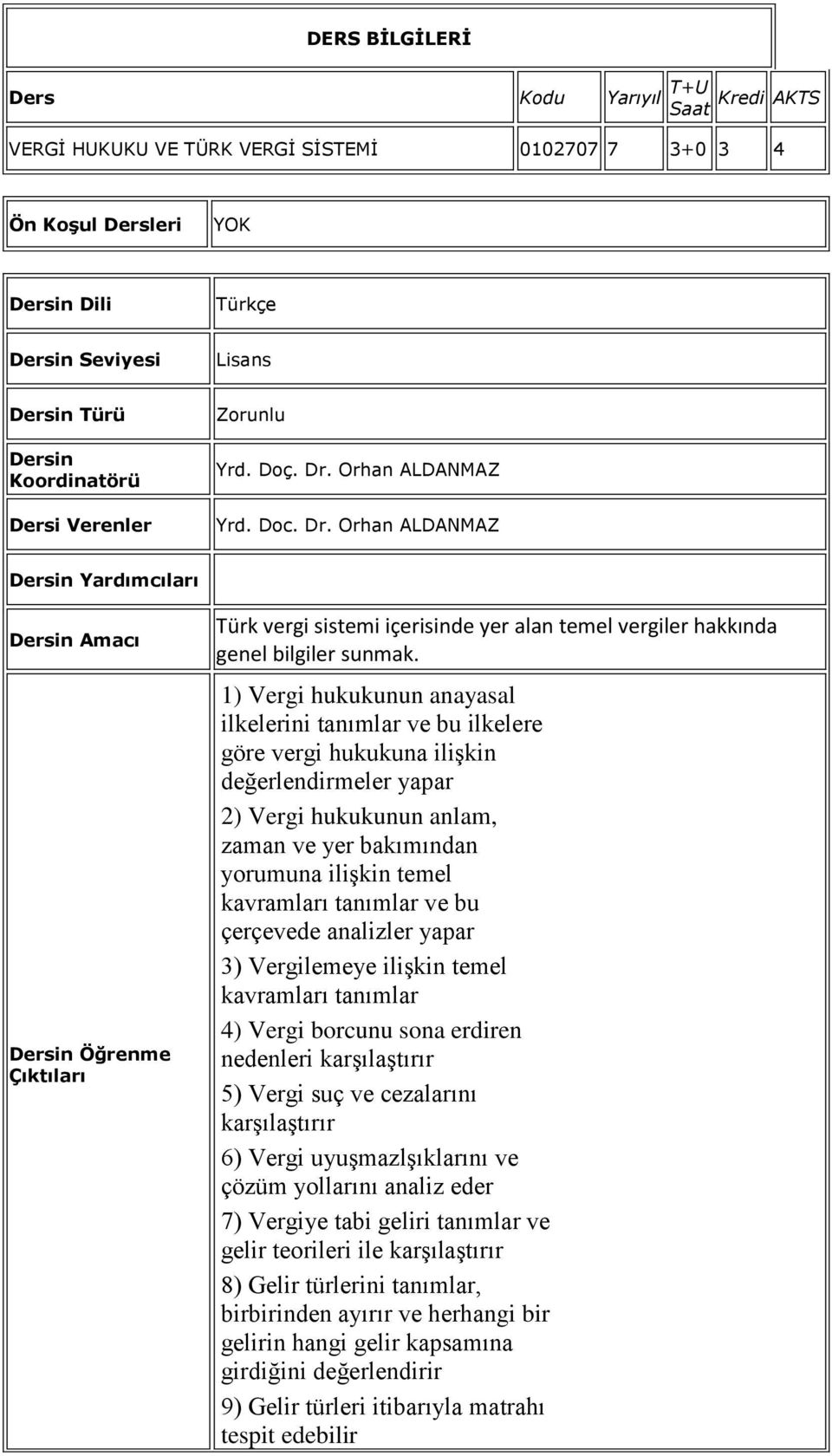 Orhan ALDANMAZ Yrd. Doc. Dr. Orhan ALDANMAZ Dersin Yardımcıları Dersin Amacı Dersin Öğrenme Çıktıları Türk vergi sistemi içerisinde yer alan temel vergiler hakkında genel bilgiler sunmak.