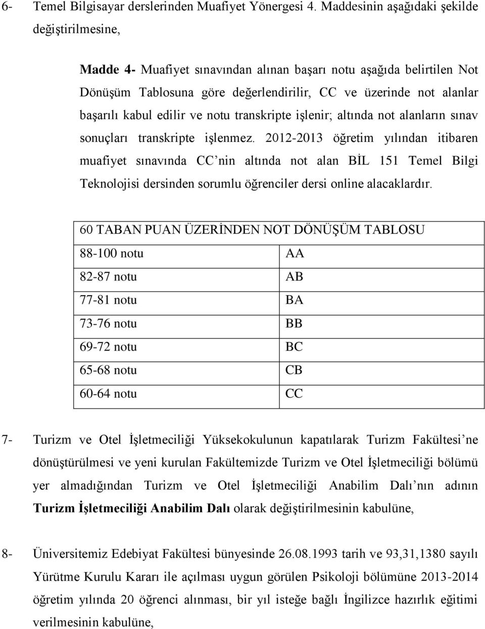 edilir ve notu transkripte işlenir; altında not alanların sınav sonuçları transkripte işlenmez.