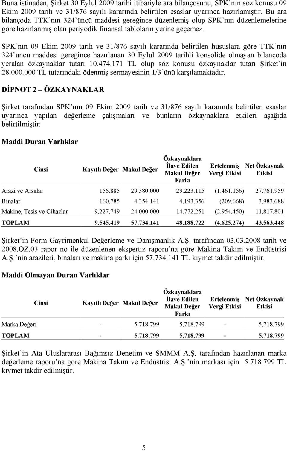 SPK nın 09 Ekim 2009 tarih ve 31/876 sayılı kararında belirtilen hususlara göre TTK nın 324 üncü maddesi gereğince hazırlanan 30 Eylül 2009 tarihli konsolide olmayan bilançoda yeralan özkaynaklar