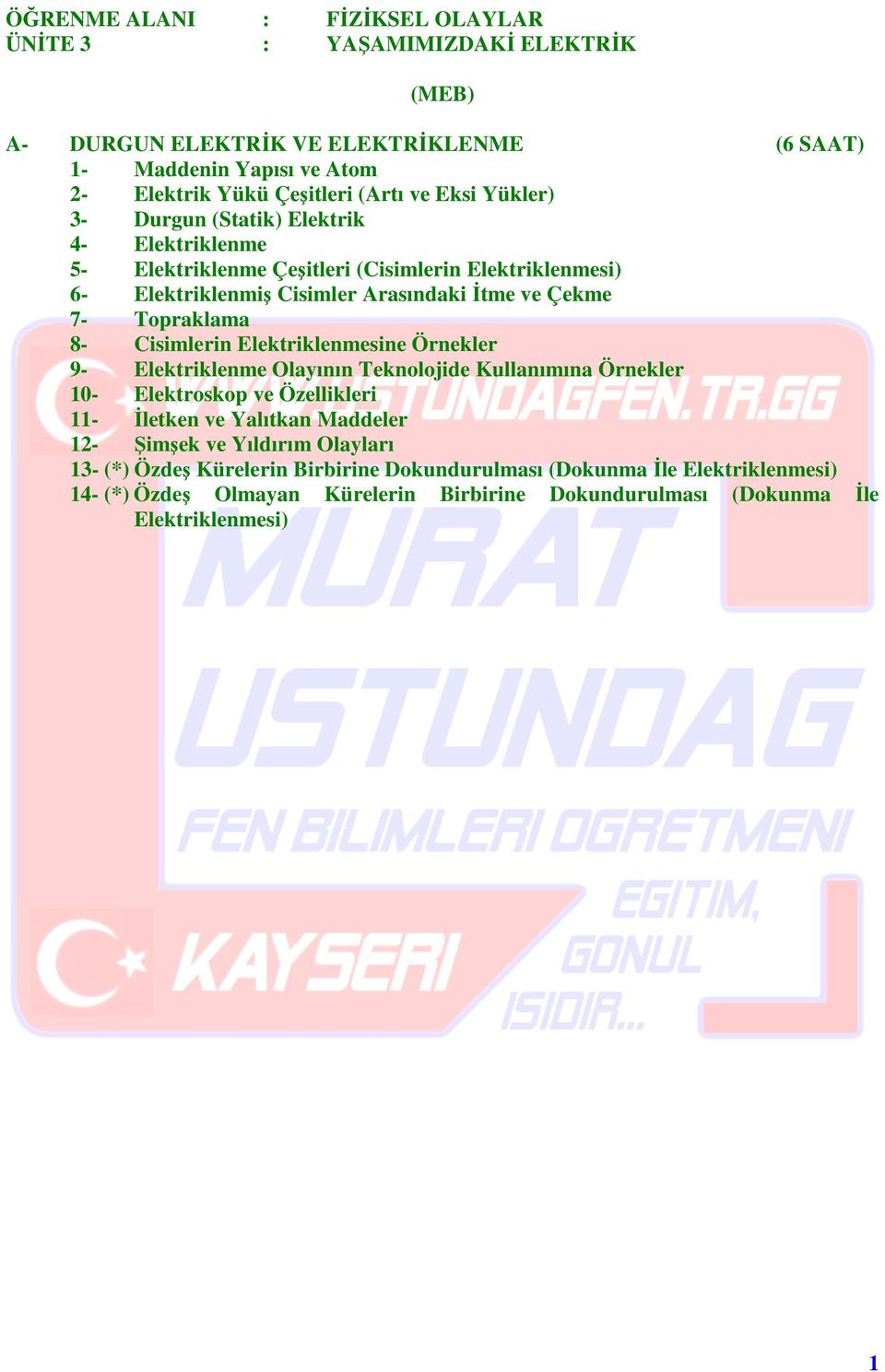 Cisimlerin Elektriklenmesine Örnekler 9- Elektriklenme Olayının Teknolojide ullanımına Örnekler 10- Elektroskop ve Özellikleri 11- Đletken ve Yalıtkan Maddeler 12- Şimşek