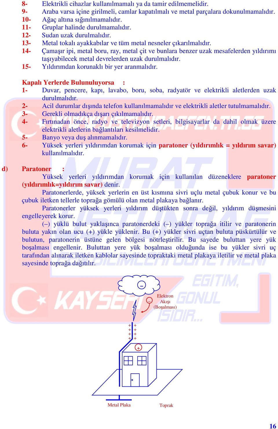 14- Çamaşır ipi, metal boru, ray, metal çit ve bunlara benzer uzak mesafelerden yıldırımı taşıyabilecek metal devrelerden uzak durulmalıdır. 15- Yıldırımdan korunaklı bir yer aranmalıdır.