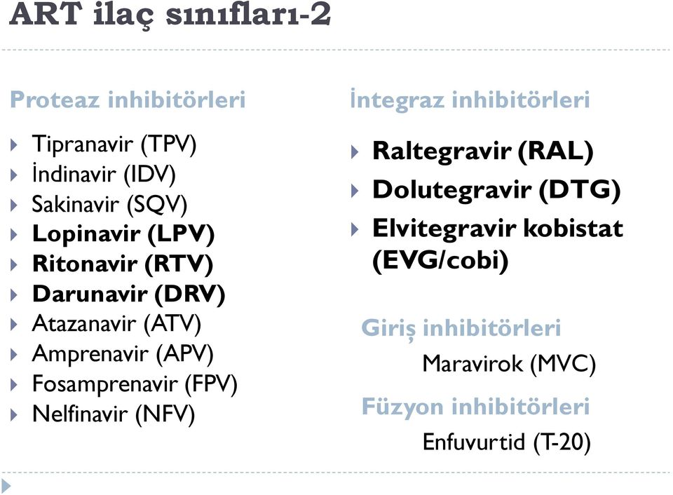 Fosamprenavir (FPV) Nelfinavir (NFV) İntegraz inhibitörleri Raltegravir (RAL) Dolutegravir