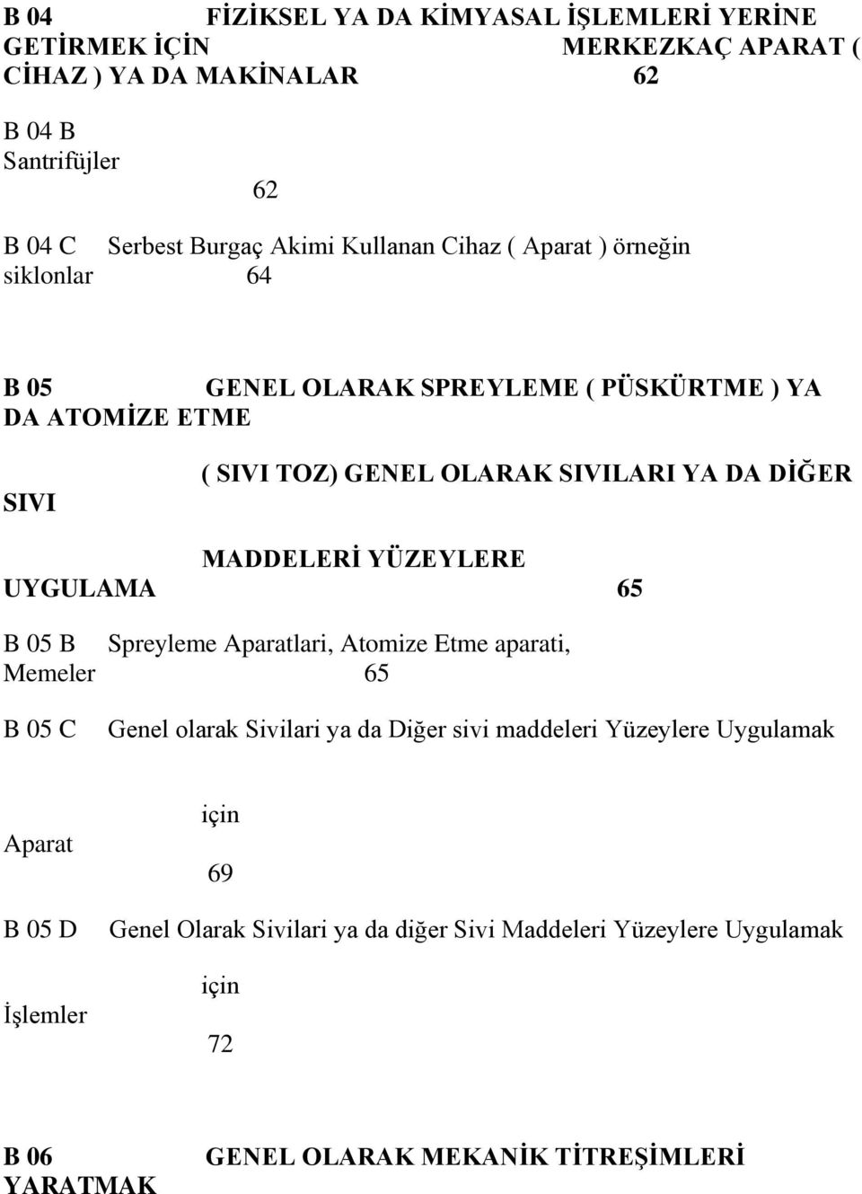 MADDELERİ YÜZEYLERE UYGULAMA 65 B 05 B Spreyleme Aparatlari, Atomize Etme aparati, Memeler 65 B 05 C Genel olarak Sivilari ya da Diğer sivi maddeleri Yüzeylere