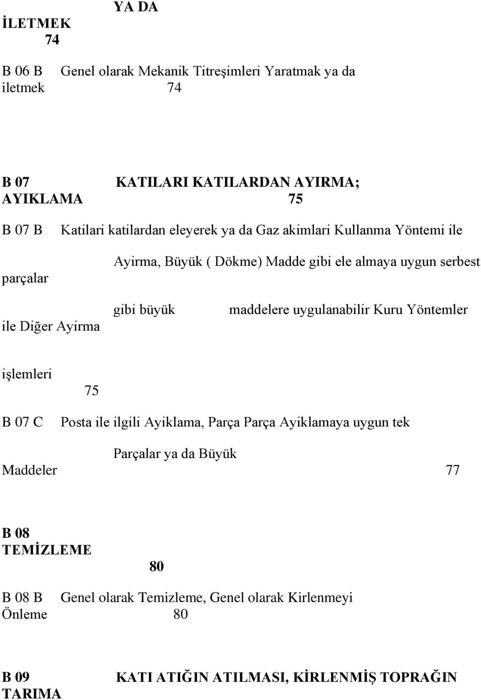 gibi büyük maddelere uygulanabilir Kuru Yöntemler işlemleri B 07 C 75 Posta ile ilgili Ayiklama, Parça Parça Ayiklamaya uygun tek Parçalar ya da