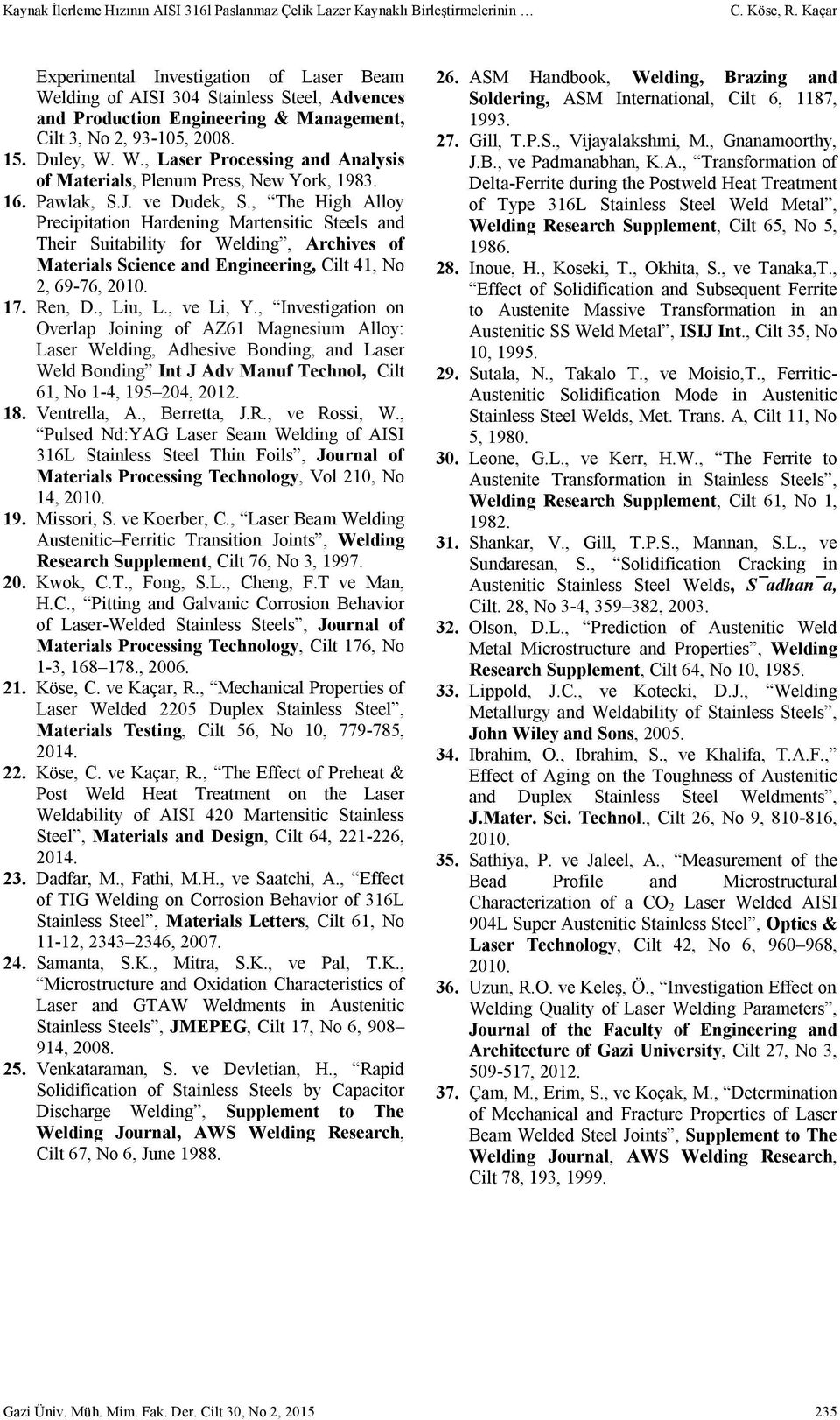 16. Pawlak, S.J. ve Dudek, S., The High Alloy Precipitation Hardening Martensitic Steels and Their Suitability for Welding, Archives of Materials Science and Engineering, Cilt 41, No 2, 69-76, 2010.