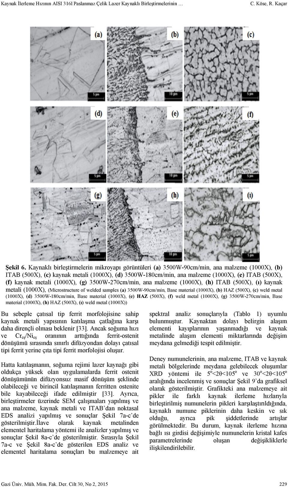 kaynak metali (1000X), (g) 3500W-270cm/min, ana malzeme (1000X), (h) ITAB (500X), (ı) kaynak metali (1000X), (Microstructure of welded samples (a) 3500W-90cm/min, Base material (1000X), (b) HAZ