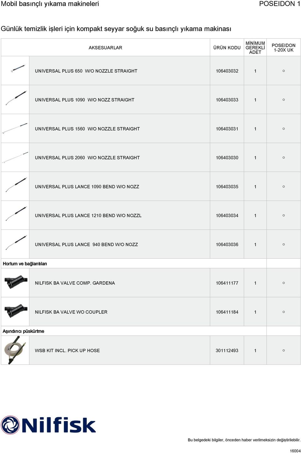 NOZZ 106403035 1 UNIVERSAL PLUS LANCE 1210 BEND W/O NOZZL 106403034 1 UNIVERSAL PLUS LANCE 940 BEND W/O NOZZ 106403036 1 Hortum ve