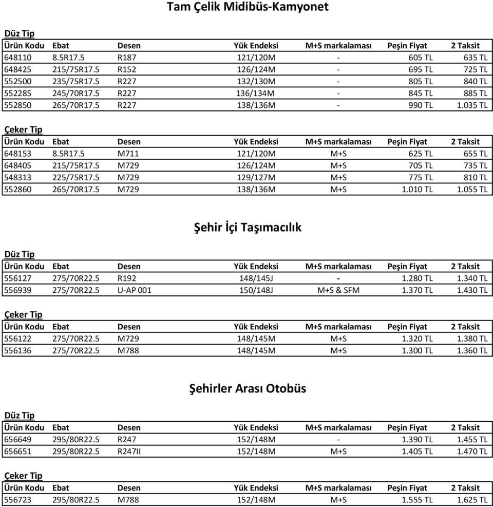 5 M729 129/127M M+S 775 TL 810 TL 552860 265/70R17.5 M729 138/136M M+S 1.010 TL 1.055 TL 0 5ehir 0 2 0 4i Ta 0 6 0 3mac 0 3l 0 3k 556127 275/70R22.5 R192 148/145J - 1.280 TL 1.340 TL 556939 275/70R22.