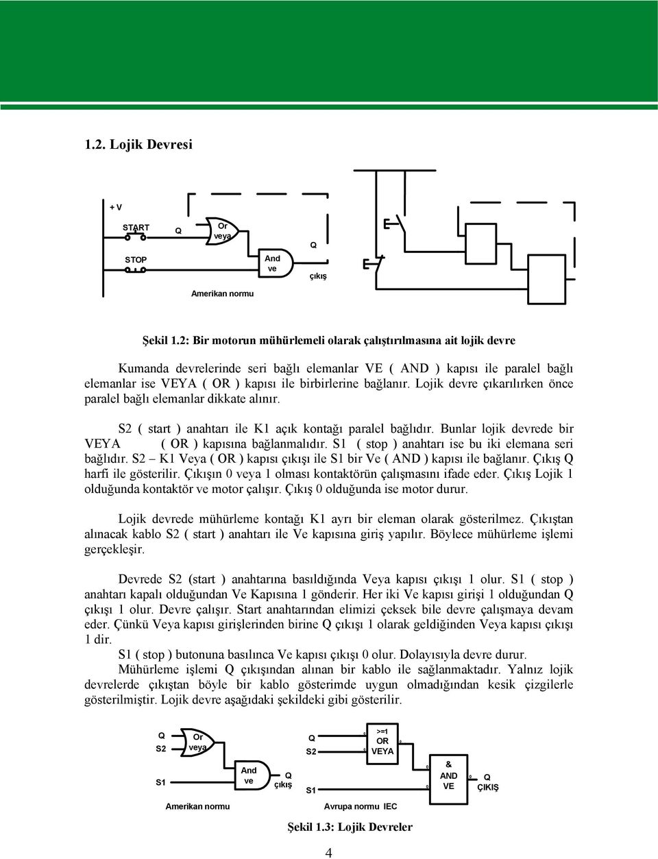 bağlanır. Lojik devre çıkarılırken önce paralel bağlı elemanlar dikkate alınır. S2 ( start ) anahtarı ile K açık kontağı paralel bağlıdır. Bunlar lojik devrede bir VEYA ( OR ) kapısına bağlanmalıdır.
