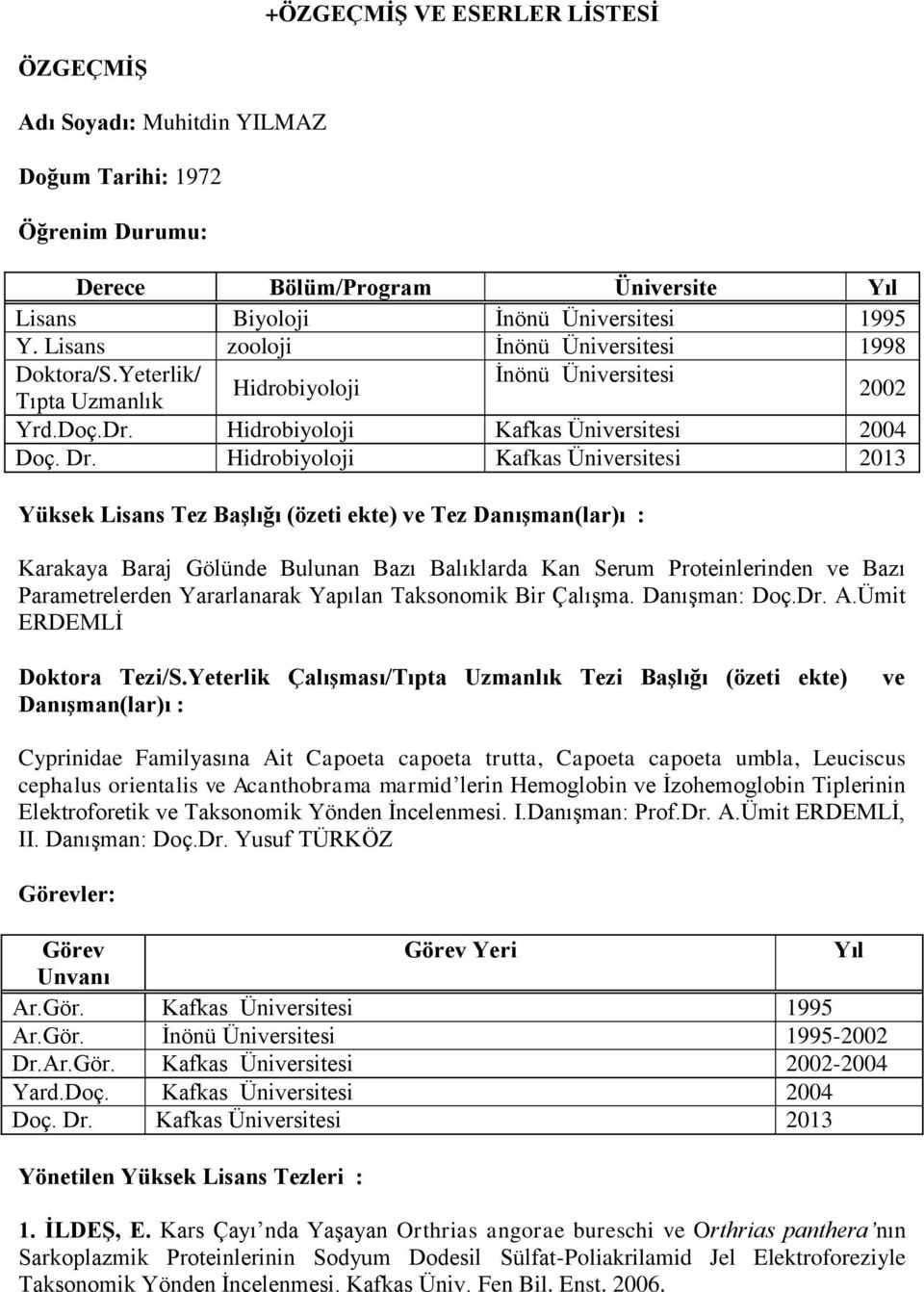 Hidrobiyoloji Kafkas Üniversitesi 2013 Yüksek Lisans Tez Başlığı (özeti ekte) ve Tez Danışman(lar)ı : Karakaya Baraj Gölünde Bulunan Bazı Balıklarda Kan Serum Proteinlerinden ve Bazı Parametrelerden