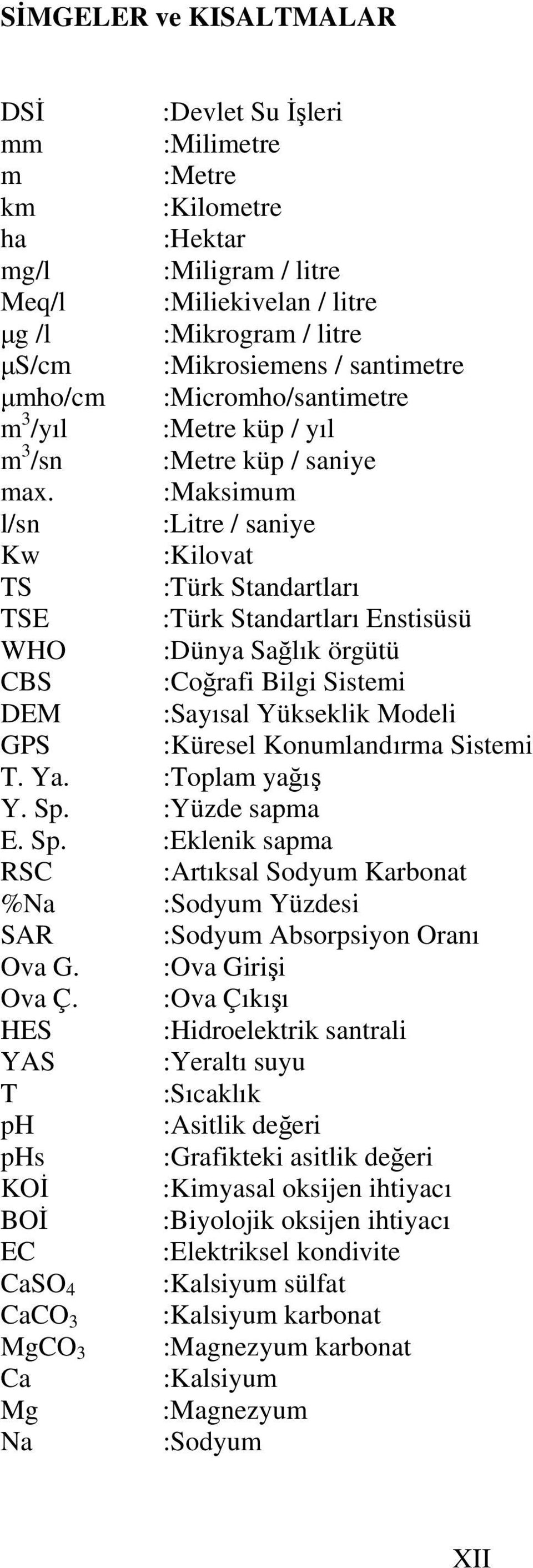 :Maksimum l/sn :Litre / saniye Kw :Kilovat TS :Türk Standartları TSE :Türk Standartları Enstisüsü WHO :Dünya Sağlık örgütü CBS :Coğrafi Bilgi Sistemi DEM :Sayısal Yükseklik Modeli GPS :Küresel