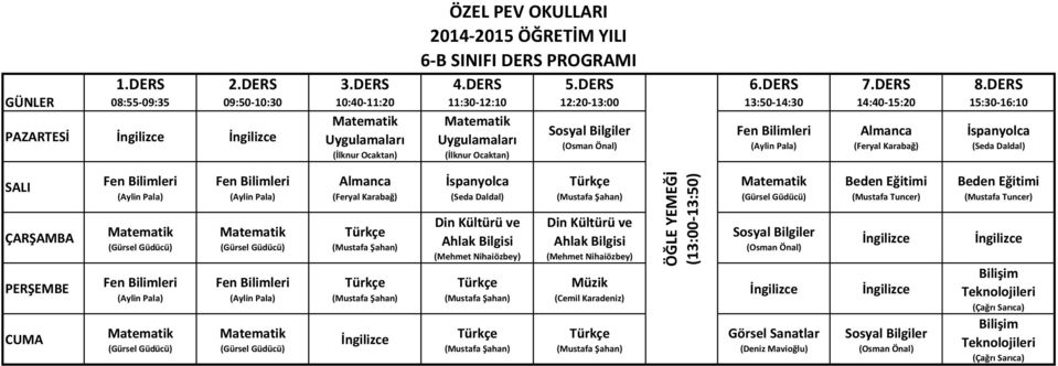 İspanyolca (Seda Daldal) (Cemil Karadeniz) (13:00-13:50) (Mustafa Tuncer)