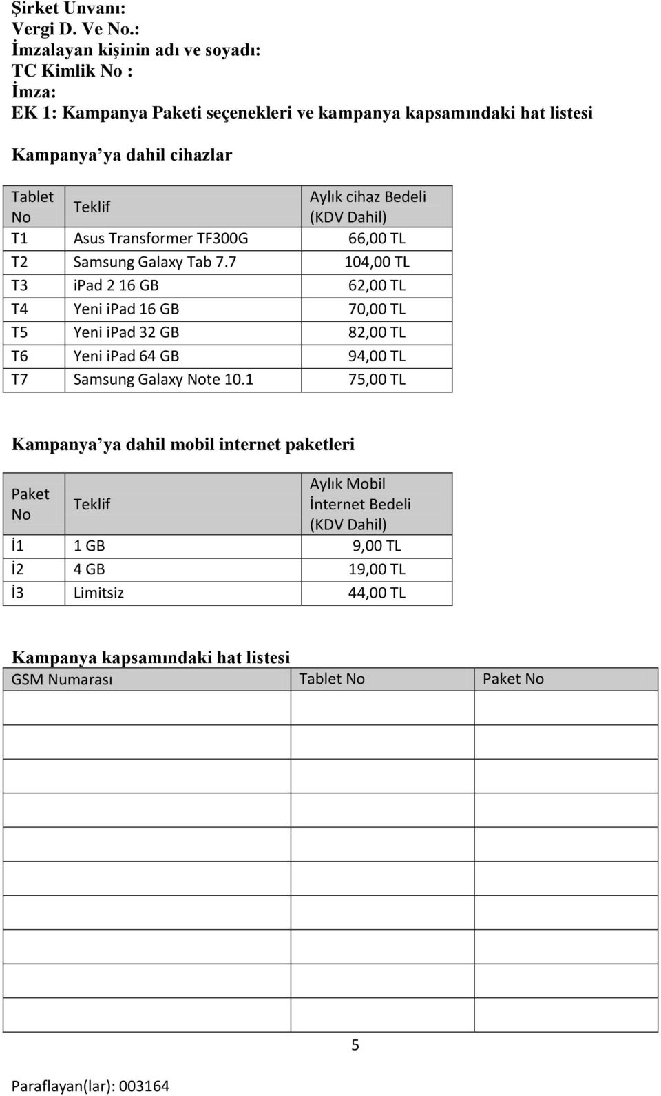 cihaz Bedeli Teklif No (KDV Dahil) T1 Asus Transformer TF300G 66,00 TL T2 Samsung Galaxy Tab 7.