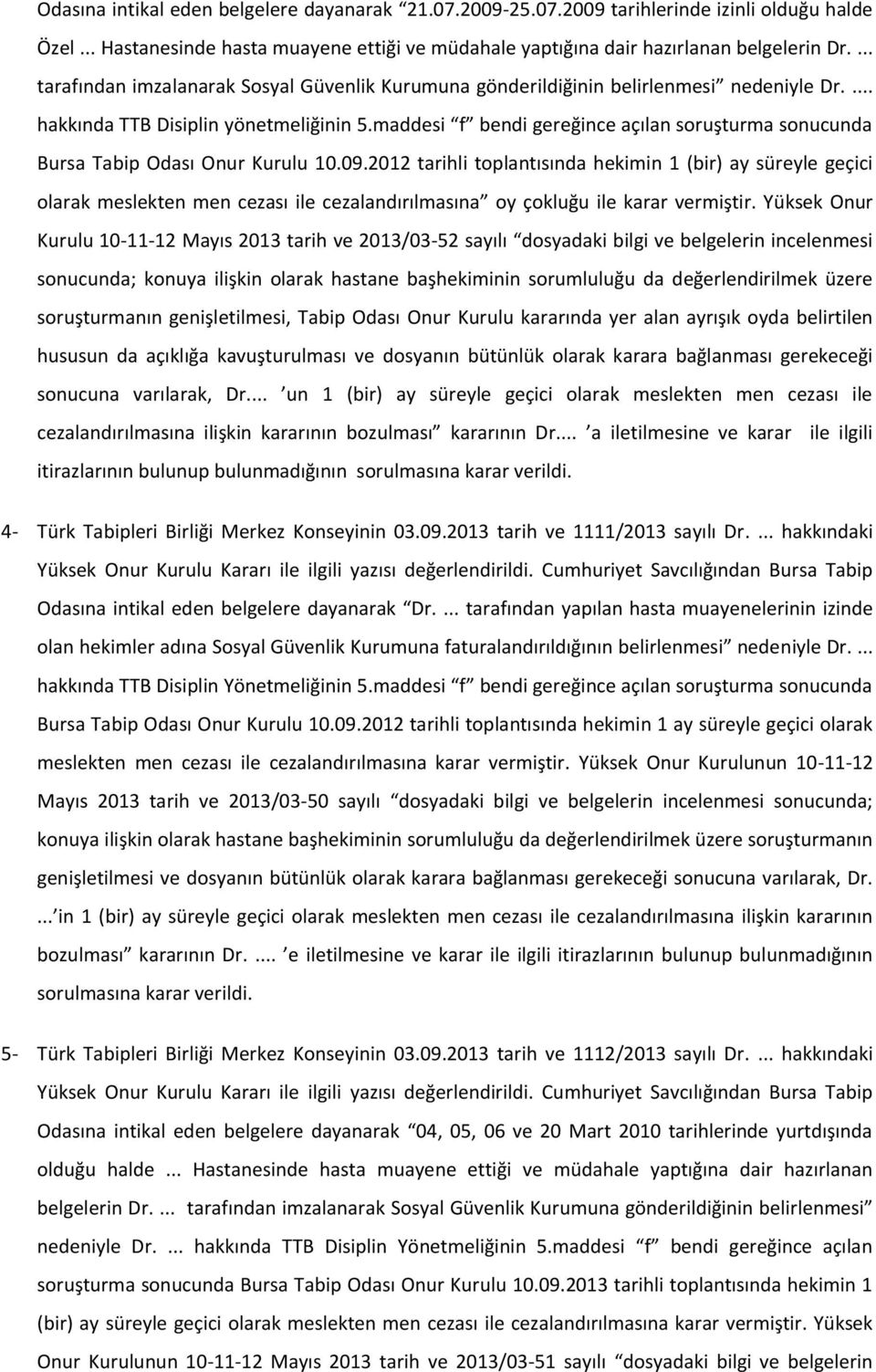 maddesi f bendi gereğince açılan soruşturma sonucunda Bursa Tabip Odası Onur Kurulu 10.09.