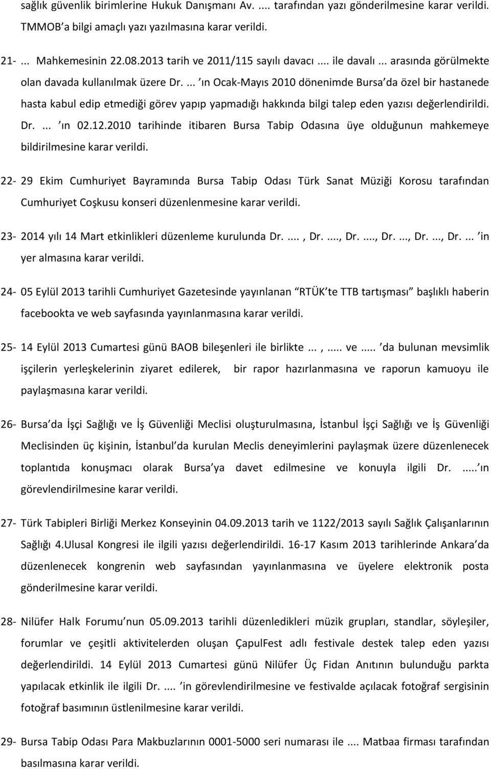 ... ın Ocak-Mayıs 2010 dönenimde Bursa da özel bir hastanede hasta kabul edip etmediği görev yapıp yapmadığı hakkında bilgi talep eden yazısı değerlendirildi. Dr.... ın 02.12.