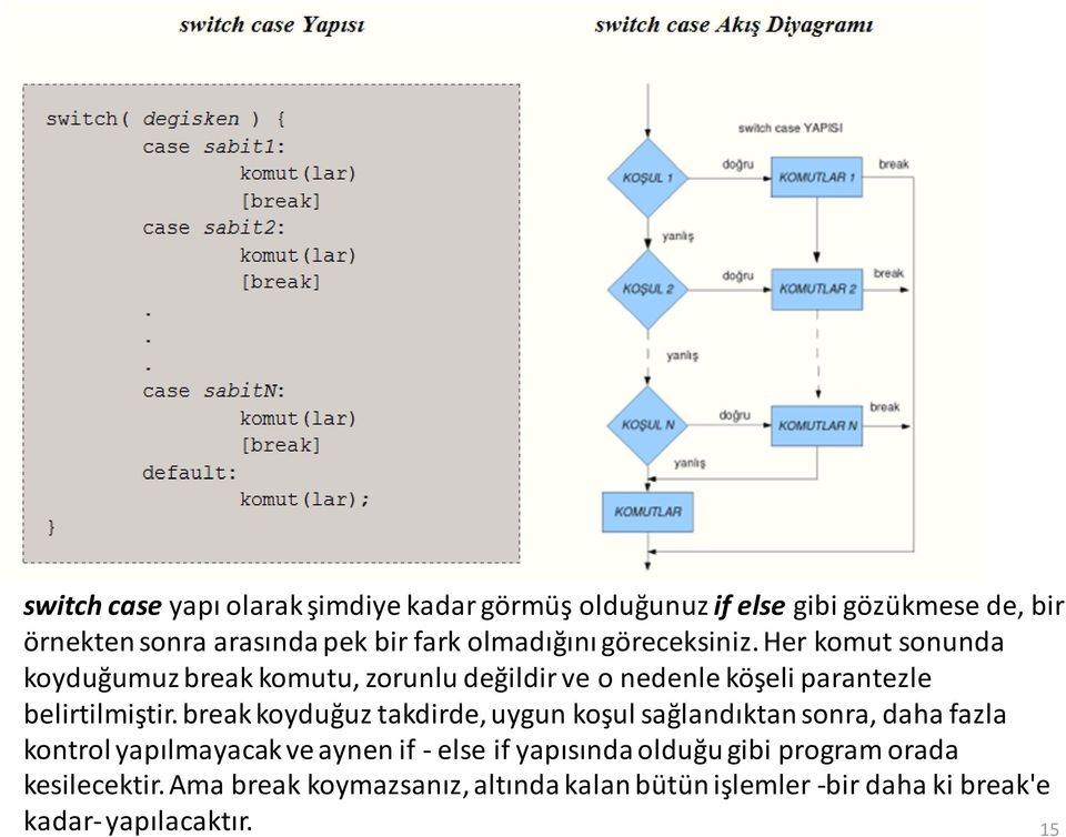 Her komut sonunda koyduğumuz break komutu, zorunlu değildir ve o nedenle köşeli parantezle belirtilmiştir.