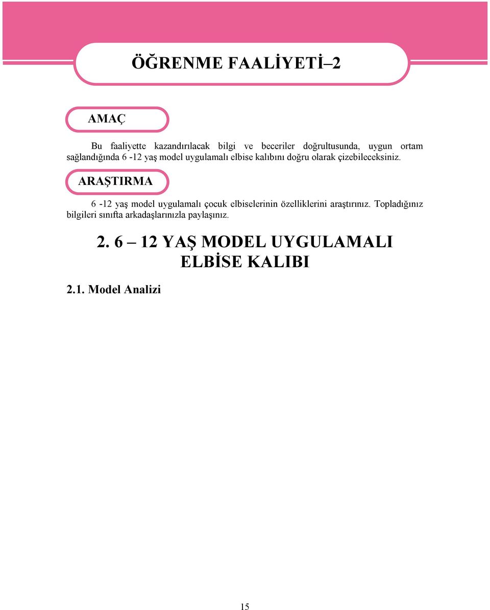 çizebileceksiniz. ARAŞTIRMA 6-12 yaş model uygulamalı çocuk elbiselerinin özelliklerini araştırınız.