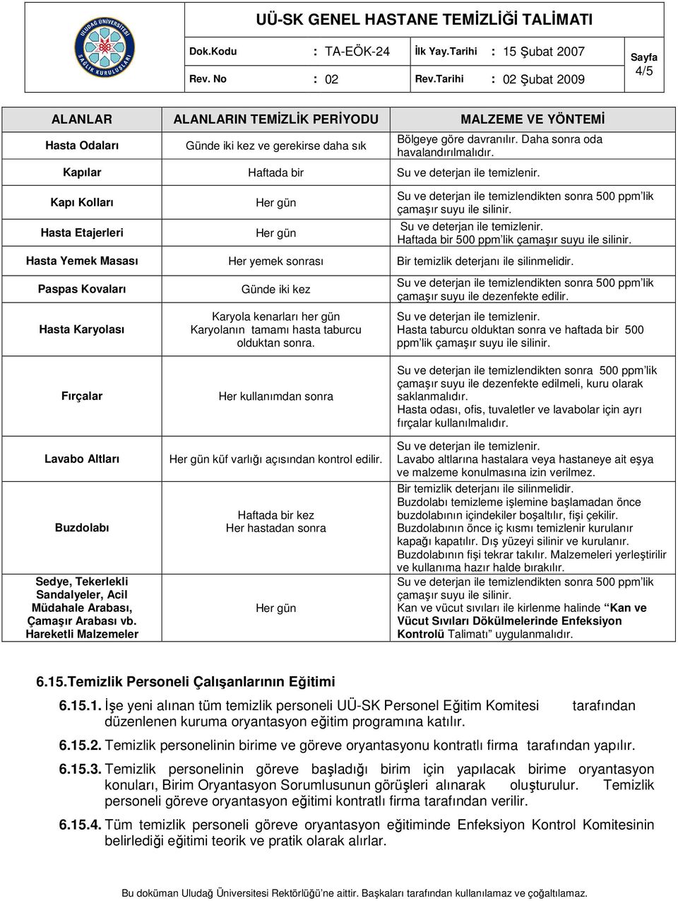 Hasta Yemek Masası Her yemek sonrası Bir temizlik deterjanı ile silinmelidir. Paspas Kovaları Hasta Karyolası Günde iki kez Karyola kenarları her gün Karyolanın tamamı hasta taburcu olduktan sonra.