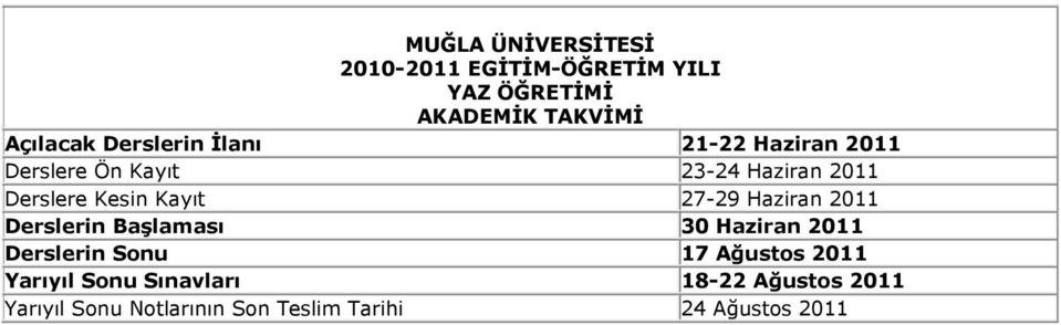 Derslerin Başlaması 30 Haziran 2011 Derslerin Sonu 17 Ağustos 2011 Yarıyıl Sonu