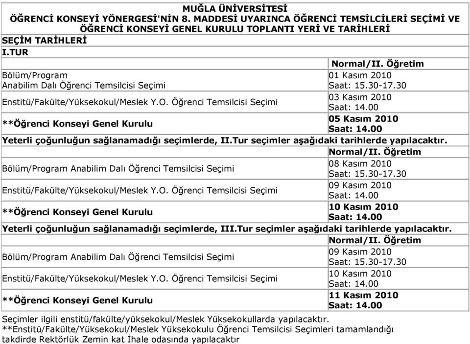 08 Kasım 2010 Bölüm/Program Anabilim Dalı Öğrenci Temsilcisi Seçimi 09 Kasım 2010 10 Kasım 2010 Yeterli çoğunluğun sağlanamadığı seçimlerde, III.Tur seçimler aşağıdaki tarihlerde yapılacaktır.