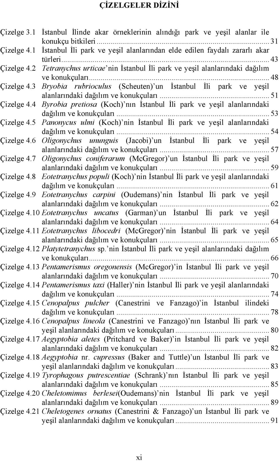 .. 48 Çizelge 4.3 Bryobia rubrioculus (Scheuten) un İstanbul İli park ve yeşil alanlarındaki dağılım ve konukçuları... 51 Çizelge 4.