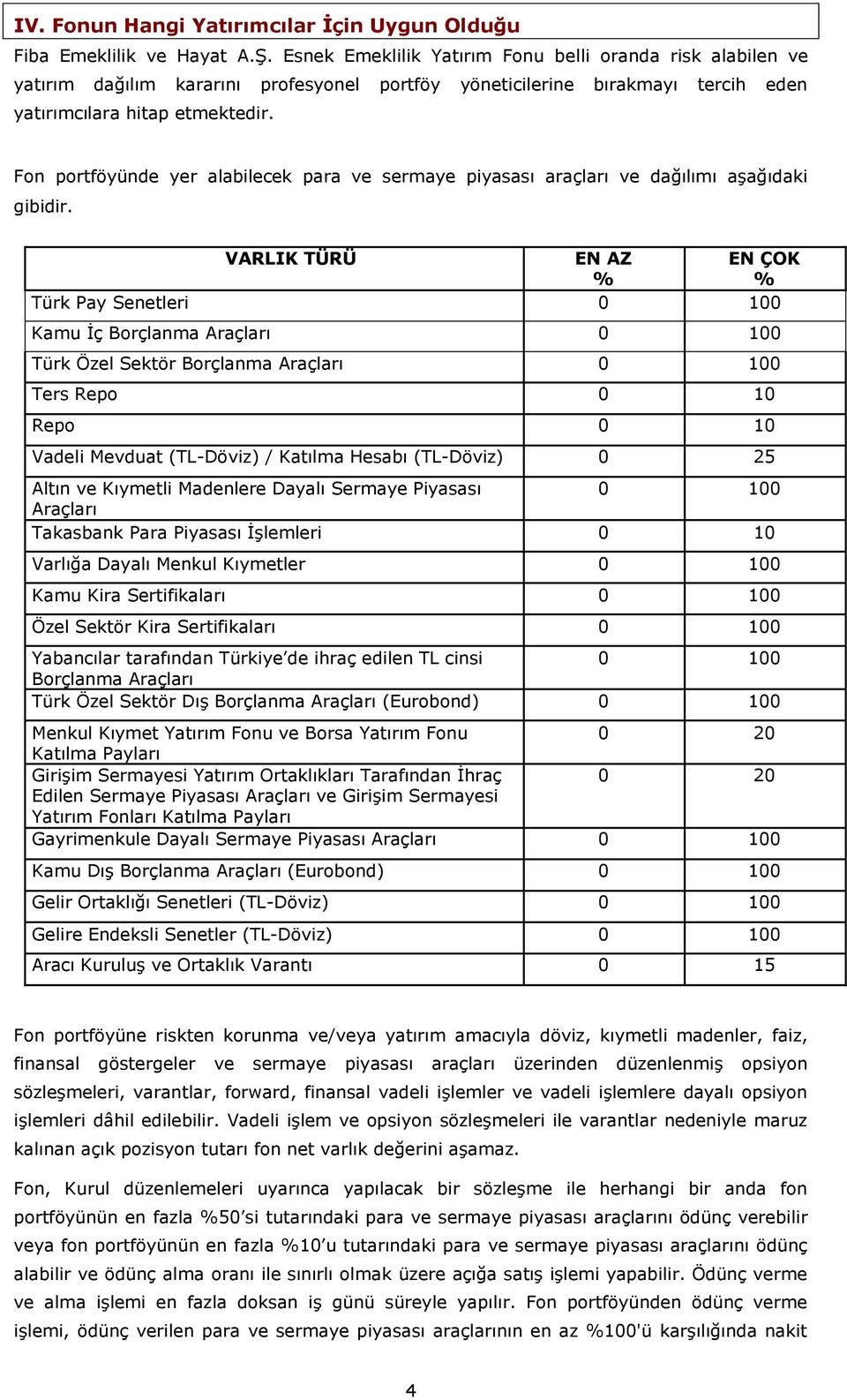 Fon portföyünde yer alabilecek para ve sermaye piyasası araçları ve dağılımı aşağıdaki gibidir.