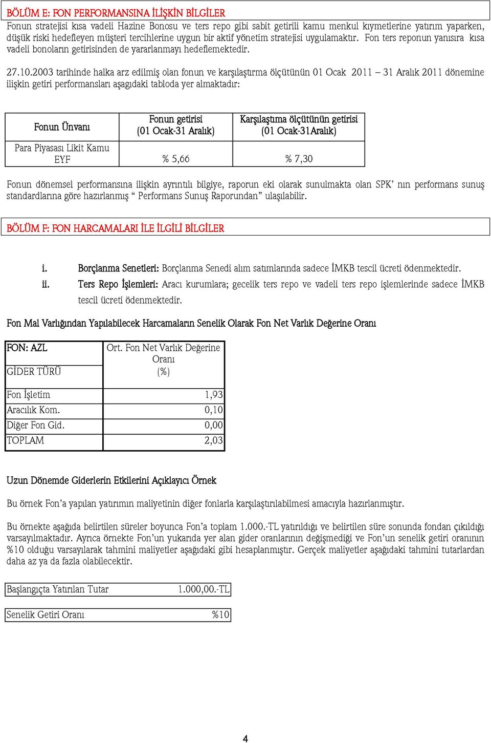 2003 tarihinde halka arz edilmiş olan fonun ve karşılaştırma ölçütünün 01 Ocak 2011 31 Aralık 2011 dönemine ilişkin getiri performansları aşagıdaki tabloda yer almaktadır: Fonun Ünvanı Fonun getirisi