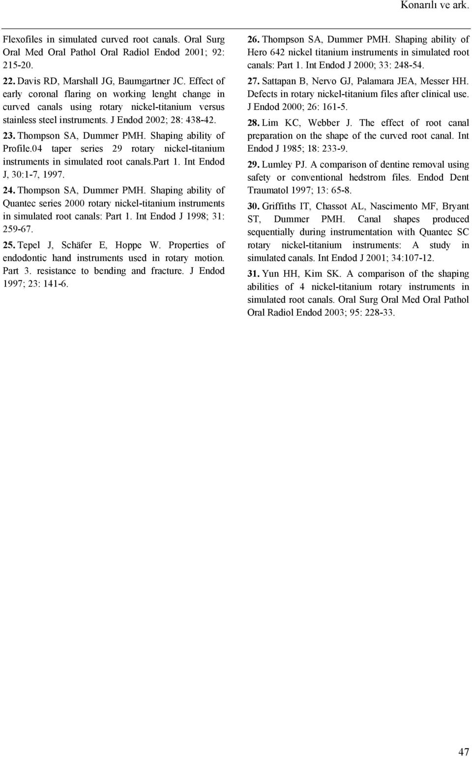 Shaping ability of Profile.04 taper series 29 rotary nickel-titanium instruments in simulated root canals.part 1. Int Endod J, 30:1-7, 1997. 24. Thompson SA, Dummer PMH.