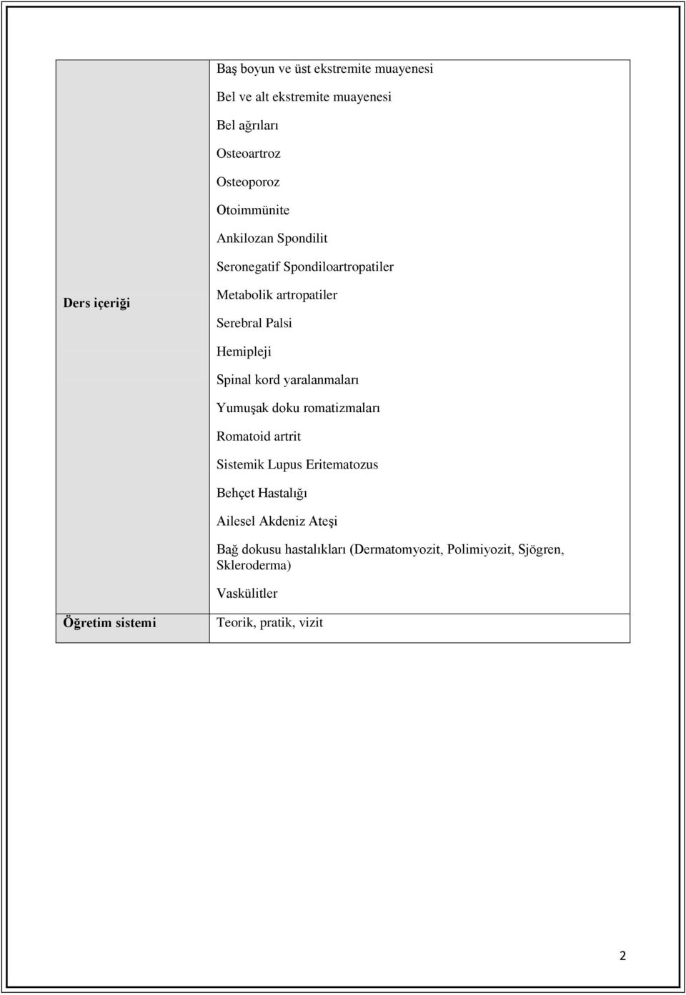 kord yaralanmaları Yumuşak doku romatizmaları Romatoid artrit Sistemik Lupus Eritematozus Behçet Hastalığı Ailesel