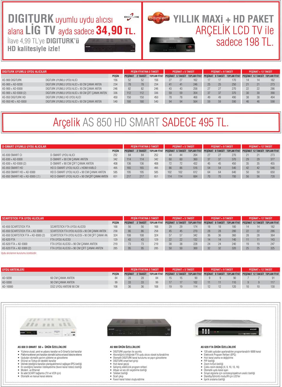 TAKS T TOPLAM F YAT AS-900 DIGITURK DIGITURK UYUMLU UYDU ALICI 156 52 52 156 27 27 162 17 17 170 14 14 182 AS-900 + AD-9200 DIGITURK UYUMLU UYDU ALICI + 60 CM ÇANAK ANTEN 234 78 78 234 41 41 246 25