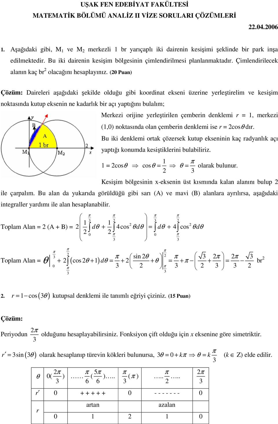 (0 Puan) Daireleri aşağıdaki şekilde olduğu gibi koordinat ekseni üzerine yerleştirelim ve kesişim noktasında kutup eksenin ne kadarlık bir açı yaptığını bulalım; B A Merkezi orijine yerleştirilen