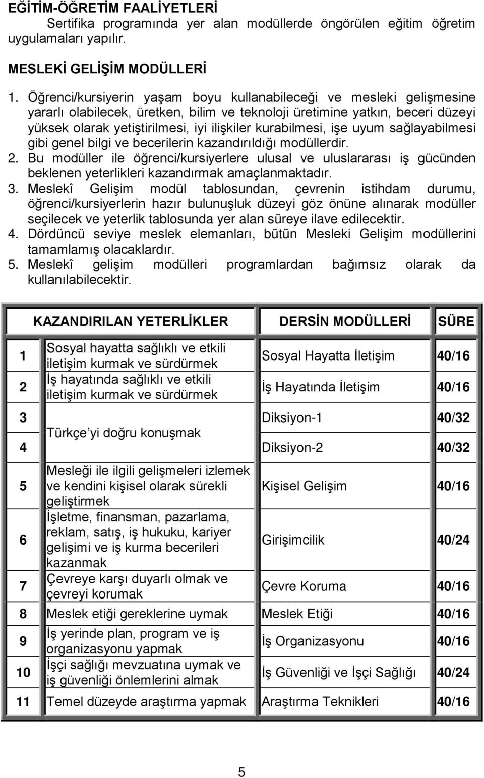 kurabilmesi, işe uyum sağlayabilmesi gibi genel bilgi ve becerilerin kazandırıldığı modüllerdir. 2.