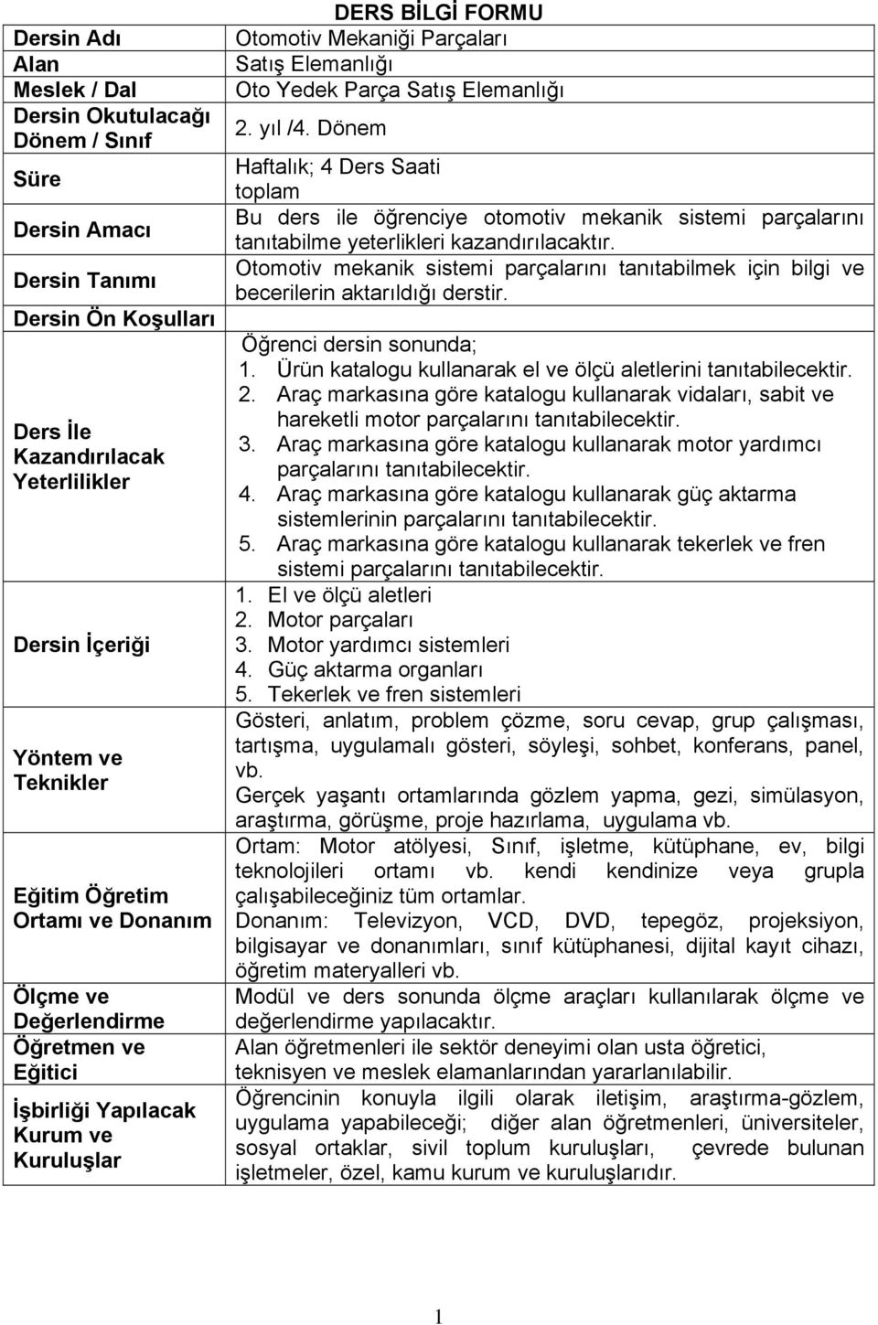 Elemanlığı 2. yıl /4. Dönem Haftalık; 4 Ders Saati toplam Bu ders ile öğrenciye otomotiv mekanik sistemi parçalarını tanıtabilme yeterlikleri kazandırılacaktır.