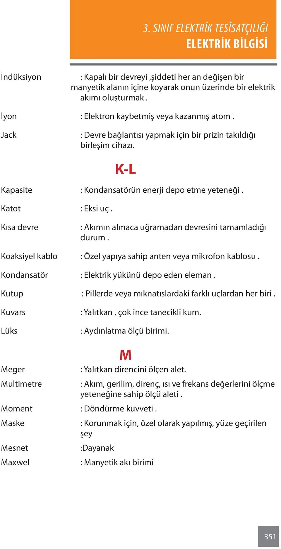 Kısa devre : Akımın almaca uğramadan devresini tamamladığı durum. Koaksiyel kablo : Özel yapıya sahip anten veya mikrofon kablosu. Kondansatör : Elektrik yükünü depo eden eleman.