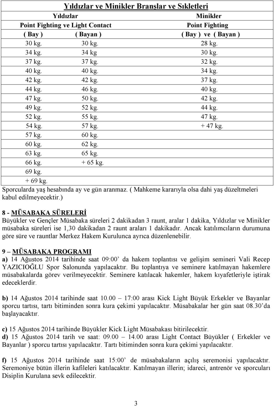 65 kg. 66 kg. + 65 kg. 69 kg. + 69 kg. Sporcularda yaş hesabında ay ve gün aranmaz. ( Mahkeme kararıyla olsa dahi yaş düzeltmeleri kabul edilmeyecektir.