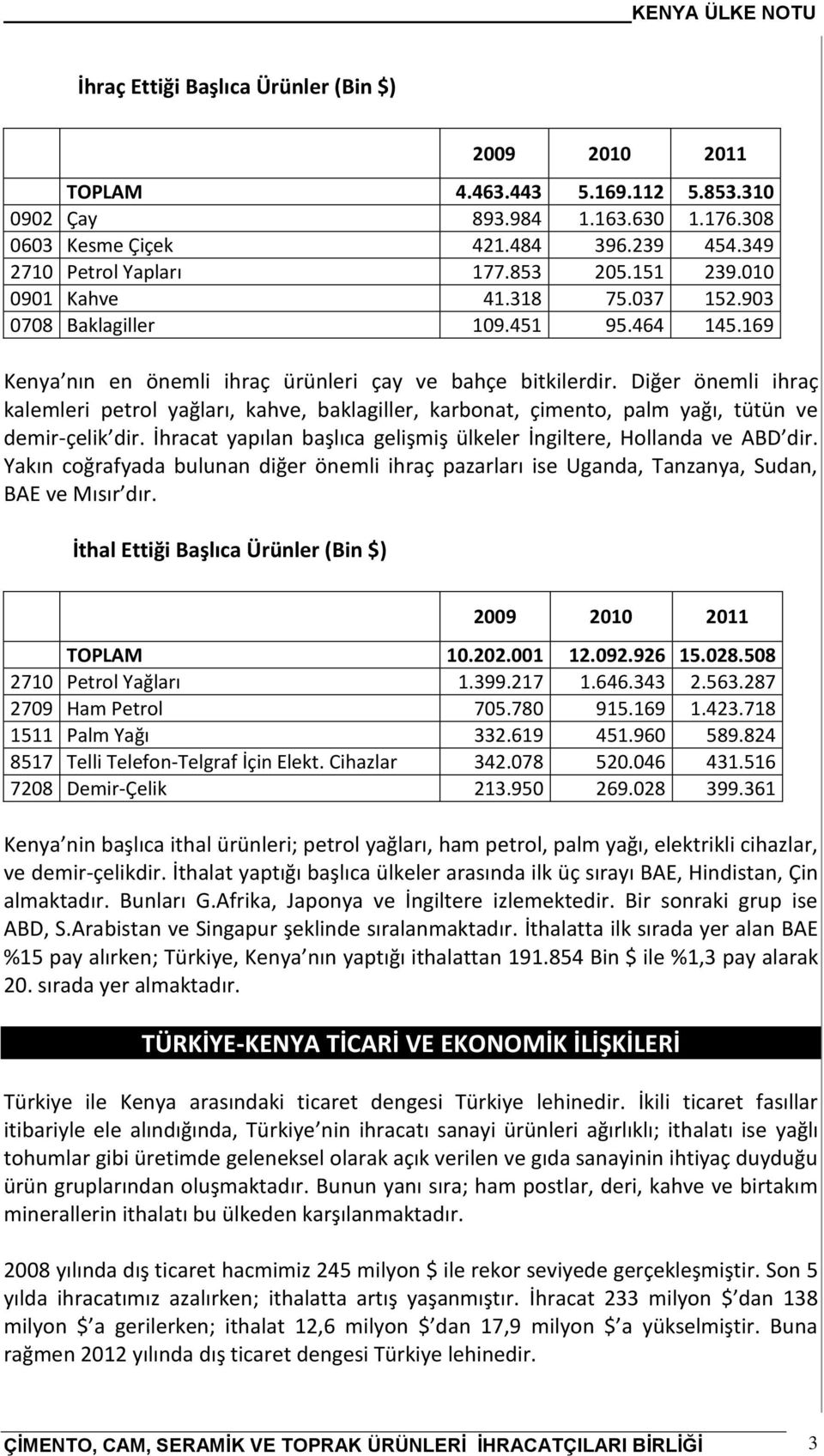 Diğer önemli ihraç kalemleri petrol yağları, kahve, baklagiller, karbonat, çimento, palm yağı, tütün ve demir-çelik dir. İhracat yapılan başlıca gelişmiş ülkeler İngiltere, Hollanda ve ABD dir.